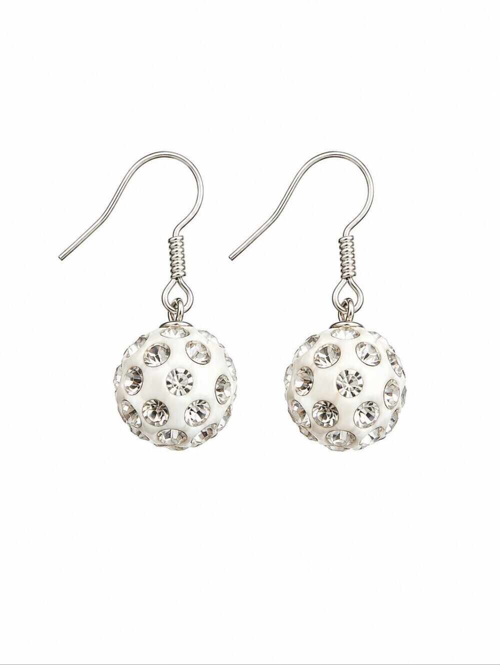 Sterling Silver White Crystal Disco Ball Dangle Hook Earrings